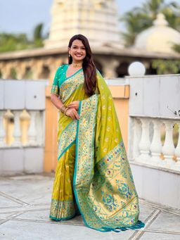 Vedant Vastram - Soft Litchi Silk Paithani Jacquard Green Saree with Unstitched Blouse