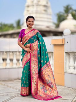 Vedant Vastram - Soft Litchi Silk Paithani Jacquard Green Saree with Unstitched Blouse