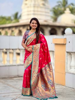 Vedant Vastram - Soft Litchi Silk Paithani Jacquard Pink Saree with Unstitched Blouse