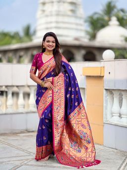 Vedant Vastram - Paithani Jacquard Navy Blue Saree with Unstitched Blouse