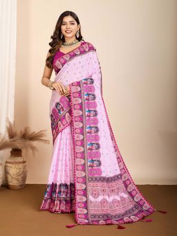 Vedant Vastram - Maslin Cotton Digital Printed Pink Saree with Unstitched Blouse
