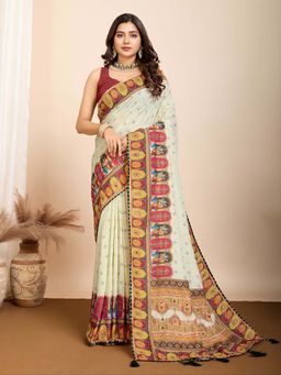Vedant Vastram - Maslin Cotton Digital Printed Beige Saree with Unstitched Blouse