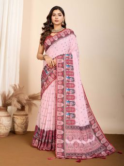 Vedant Vastram - Maslin Cotton Digital Printed Pink Saree with Unstitched Blouse