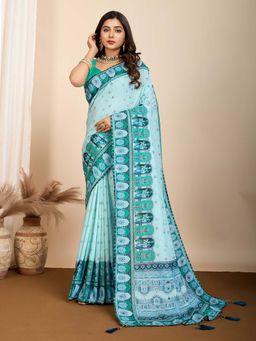 Vedant Vastram - Maslin Cotton Digital Printed Turquoise Saree with Unstitched Blouse