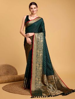 Vedant Vastram - Soft Litchi Silk Banarasi Green Saree with Unstitched Blouse