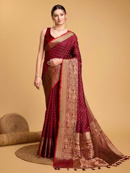 Vedant Vastram - Soft Litchi Silk Banarasi Maroon Saree with Unstitched Blouse