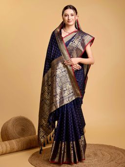 Vedant Vastram - Soft Litchi Silk Banarasi Navy Blue Saree with Unstitched Blouse