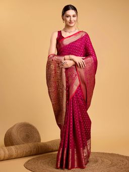 Vedant Vastram - Soft Litchi Silk Banarasi Pink Saree with Unstitched Blouse