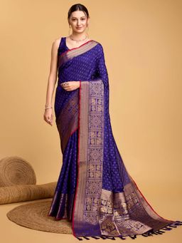 Vedant Vastram - Soft Litchi Silk Banarasi Blue Saree with Unstitched Blouse