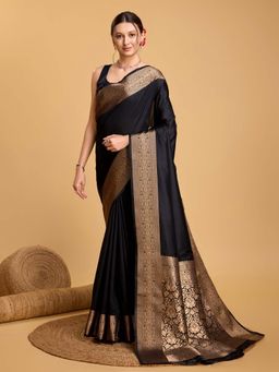 Vedant Vastram - Soft Litchi Silk Banarasi Black Saree with Unstitched Blouse