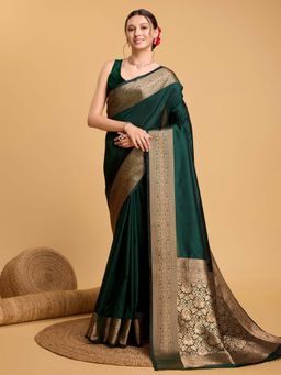 Vedant Vastram - Soft Litchi Silk Banarasi Green Saree with Unstitched Blouse