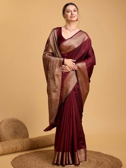Vedant Vastram - Soft Litchi Silk Banarasi Maroon Saree with Unstitched Blouse