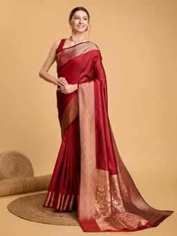 Vedant Vastram - Soft Litchi Silk Banarasi Red Saree with Unstitched Blouse