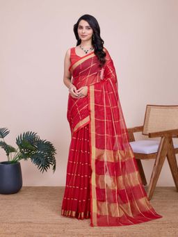 Vedant Vastram - Cotton Silk Jacquard Fancy Red Saree with Unstitched Blouse