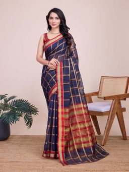 Vedant Vastram - Cotton Silk Jacquard Fancy Navy Blue Saree with Unstitched Blouse