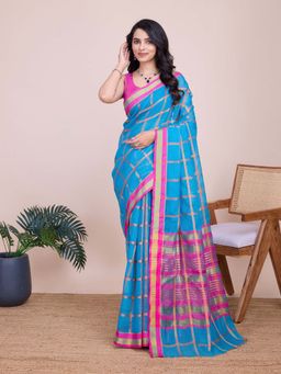 Vedant Vastram - Cotton Silk Jacquard Fancy Blue Saree with Unstitched Blouse