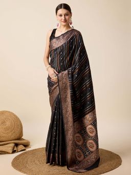 Vedant Vastram - Soft Litchi Silk Banarasi Black Saree with Unstitched Blouse