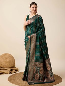 Vedant Vastram - Soft Litchi Silk Banarasi Green Saree with Unstitched Blouse