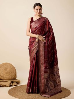 Vedant Vastram - Soft Litchi Silk Banarasi Maroon Saree with Unstitched Blouse