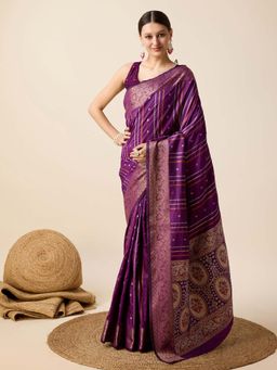 Vedant Vastram - Soft Litchi Silk Banarasi Purple Saree with Unstitched Blouse