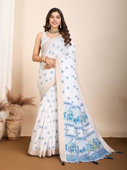Vedant Vastram - Maslin Cotton Printed Fancy Blue Saree with Unstitched Blouse