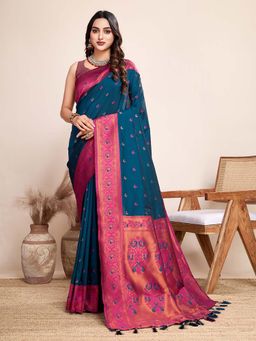 Vedant Vastram - Soft Litchi Silk Kanjivaram Teal Saree with Unstitched Blouse