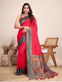 Vedant Vastram - Soft Litchi Silk Kanjivaram Pink Saree with Unstitched Blouse