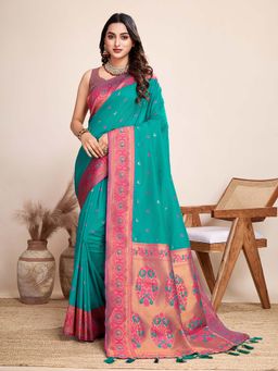 Vedant Vastram - Soft Litchi Silk Kanjivaram Green Saree with Unstitched Blouse