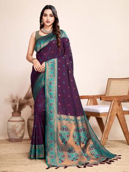 Vedant Vastram - Soft Litchi Silk Kanjivaram Purple Saree with Unstitched Blouse