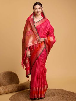 Vedant Vastram - Soft Litchi Silk Banarasi Pink Saree with Unstitched Blouse
