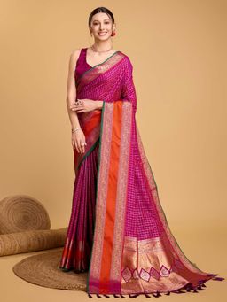 Vedant Vastram - Soft Litchi Silk Banarasi Pink Saree with Unstitched Blouse
