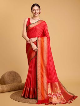 Vedant Vastram - Soft Litchi Silk Banarasi Red Saree with Unstitched Blouse