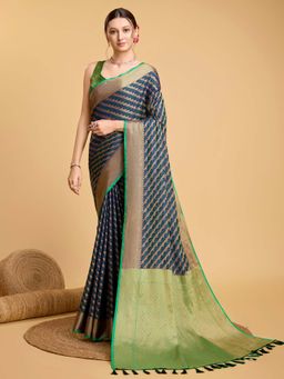 Vedant Vastram - Soft Litchi Silk Kanjivaram Navy Blue Saree with Unstitched Blouse