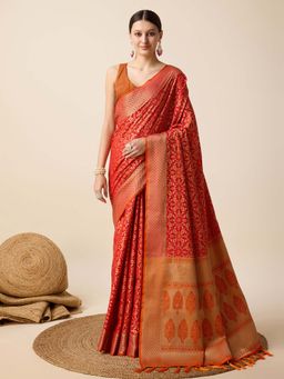 Vedant Vastram - Soft Litchi Silk Kanjivaram Red Saree with Unstitched Blouse