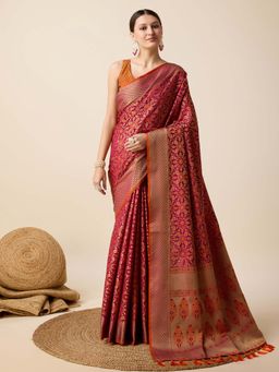Vedant Vastram - Soft Litchi Silk Kanjivaram Pink Saree with Unstitched Blouse