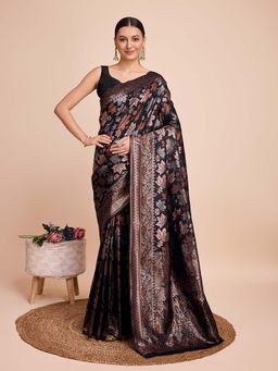 Vedant Vastram - Soft Litchi Silk Banarasi Black Saree with Unstitched Blouse