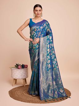 Vedant Vastram - Soft Litchi Silk Banarasi Blue Saree with Unstitched Blouse