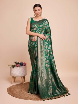 Vedant Vastram - Soft Litchi Silk Banarasi Green Saree with Unstitched Blouse