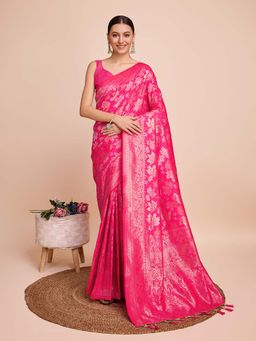 Vedant Vastram - Soft Litchi Silk Banarasi Pink Saree with Unstitched Blouse