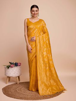 Vedant Vastram - Soft Litchi Silk Banarasi Mustard Saree with Unstitched Blouse
