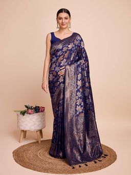 Vedant Vastram - Soft Litchi Silk Banarasi Navy Blue Saree with Unstitched Blouse