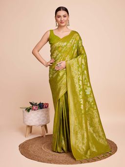 Vedant Vastram - Soft Litchi Silk Banarasi Green Saree with Unstitched Blouse