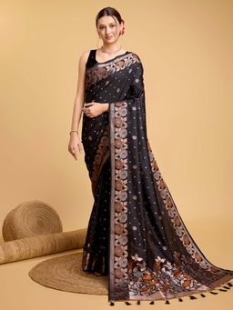 Vedant Vastram - Soft Litchi Silk Banarasi Black Saree with Unstitched Blouse