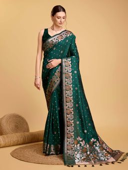 Vedant Vastram - Soft Litchi Silk Banarasi Green Saree with Unstitched Blouse