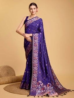 Vedant Vastram - Soft Litchi Silk Banarasi Purple Saree with Unstitched Blouse