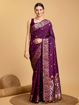 Vedant Vastram - Soft Litchi Silk Banarasi Purple Saree with Unstitched Blouse