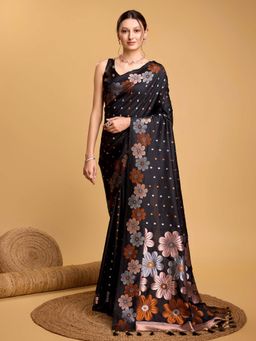 Vedant Vastram - Soft Litchi Silk Banarasi Black Saree with Unstitched Blouse