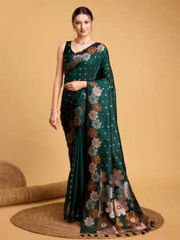 Vedant Vastram - Soft Litchi Silk Banarasi Green Saree with Unstitched Blouse
