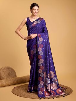 Vedant Vastram - Soft Litchi Silk Banarasi Blue Saree with Unstitched Blouse