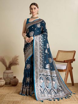 Vedant Vastram - Soft Litchi Silk Banarasi Teal Saree with Unstitched Blouse